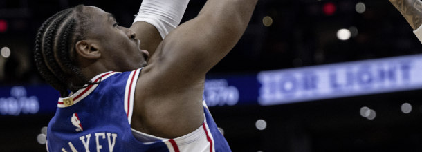 Philadelphia 76ers basketball star Tyrone Maxey in action in an NBA game