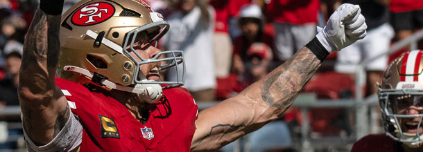 San Francisco 49ers TE George Kittle celebrates a touchdown in an NFL game