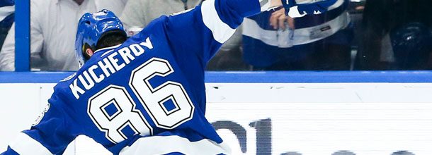 Tampa Bay Lightning ice hockey player Kucherov celebrates a goal in the NHL playoffs