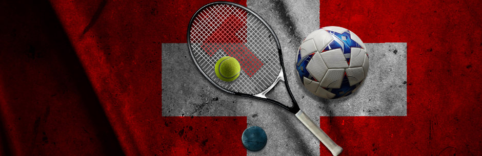 Die Schweiz Fahne mit einem Fussball, einem Puck und einem Tennis-Schläger