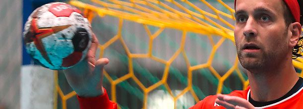 A handball player gets ready to throw the ball